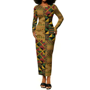 African American Quilt Kente Fusion Long Sleeve Bodycon Dress Version 1