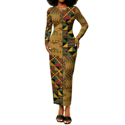 African American Quilt Kente Fusion Long Sleeve Bodycon Dress Version 1