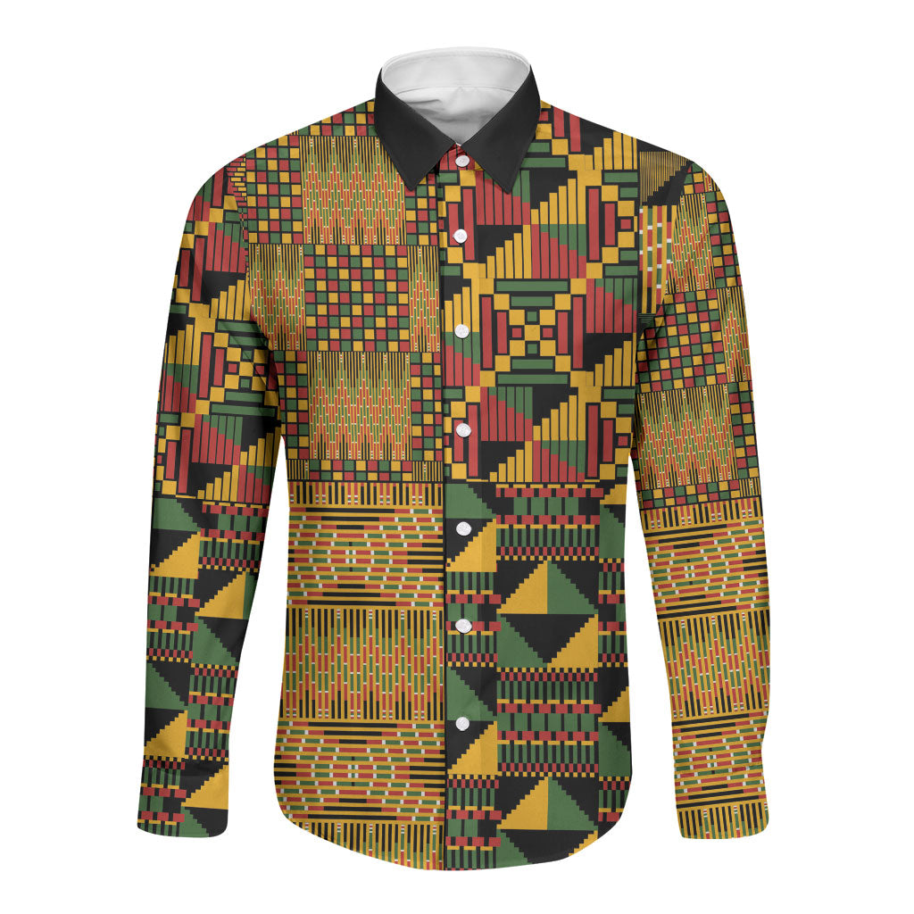 African American Quilt Kente Fusion Long Sleeve Button Shirt Version 1