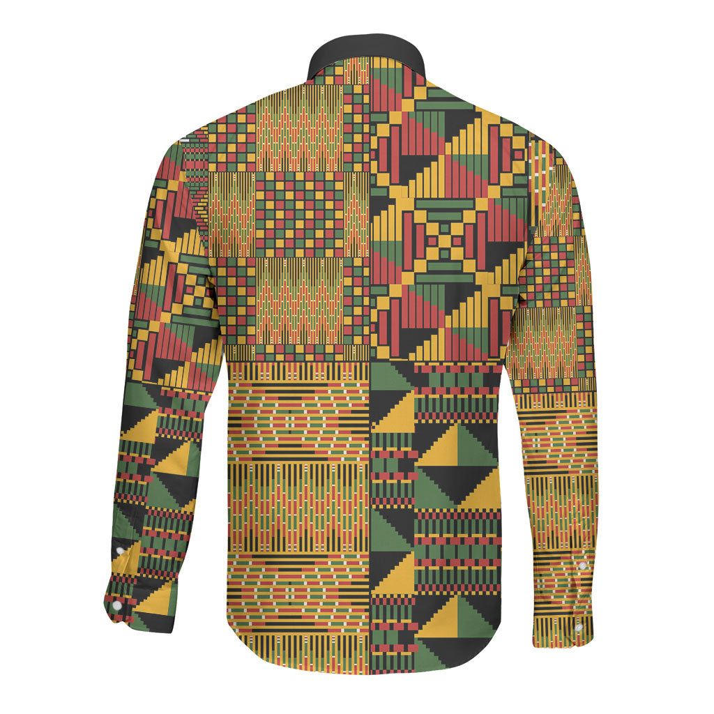 African American Quilt Kente Fusion Long Sleeve Button Shirt Version 1