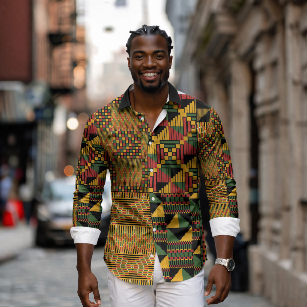 African American Quilt Kente Fusion Long Sleeve Button Shirt Version 1