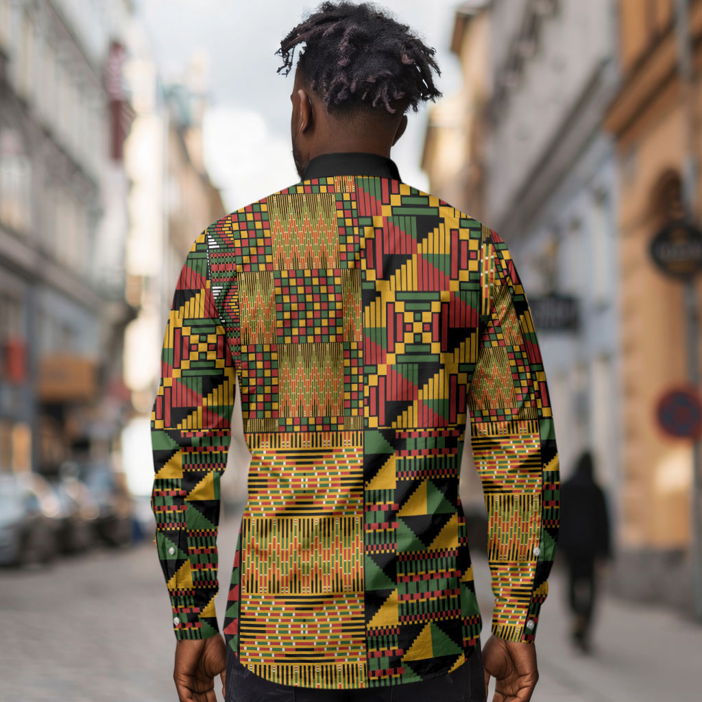 African American Quilt Kente Fusion Long Sleeve Button Shirt Version 1