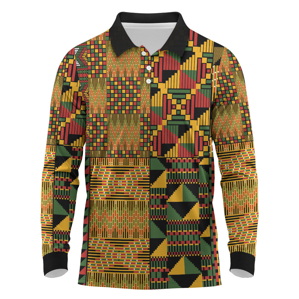 African American Quilt Kente Fusion Long Sleeve Polo Shirt Version 1
