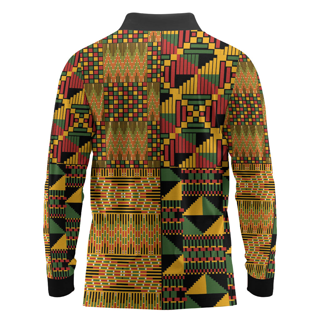 African American Quilt Kente Fusion Long Sleeve Polo Shirt Version 1