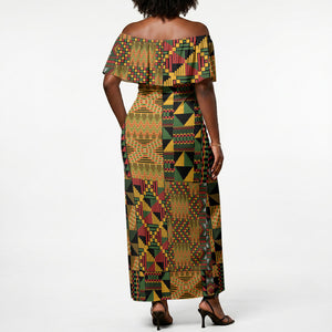African American Quilt Kente Fusion Off Shoulder Maxi Dress Version 1