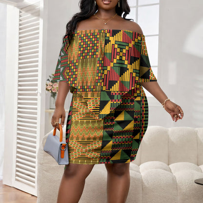 African American Quilt Kente Fusion Off Shoulder Short Dress Version 1