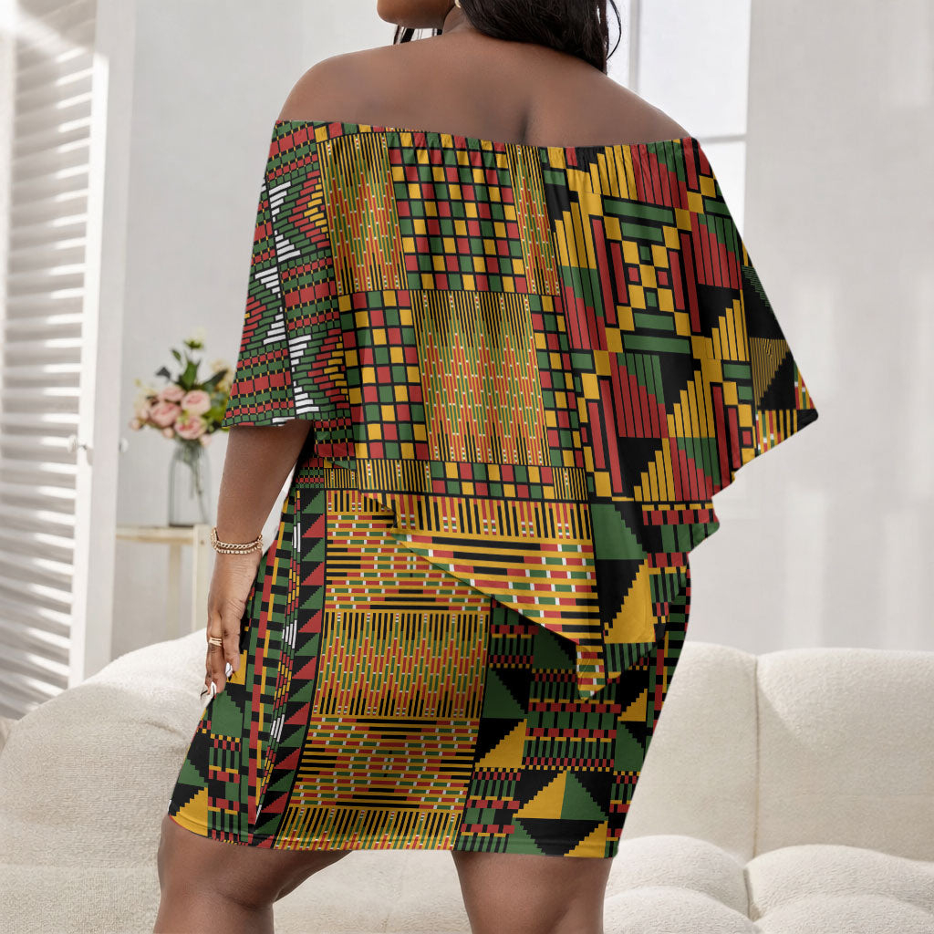 African American Quilt Kente Fusion Off Shoulder Short Dress Version 1