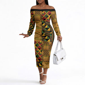 African American Quilt Kente Fusion Off The Shoulder Long Sleeve Dress Version 1