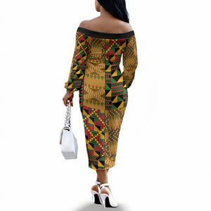 African American Quilt Kente Fusion Off The Shoulder Long Sleeve Dress Version 1