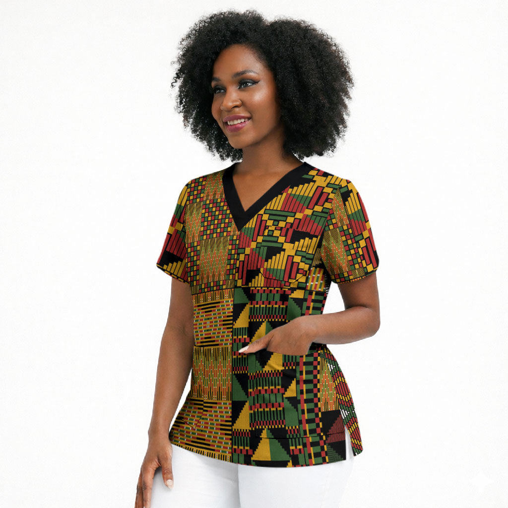 African American Quilt Kente Fusion Scrub Top Version 1