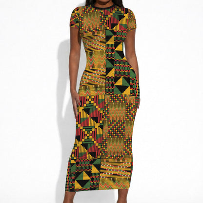 African American Quilt Kente Fusion Short Sleeve Bodycon Dress Version 1