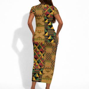 African American Quilt Kente Fusion Short Sleeve Bodycon Dress Version 1