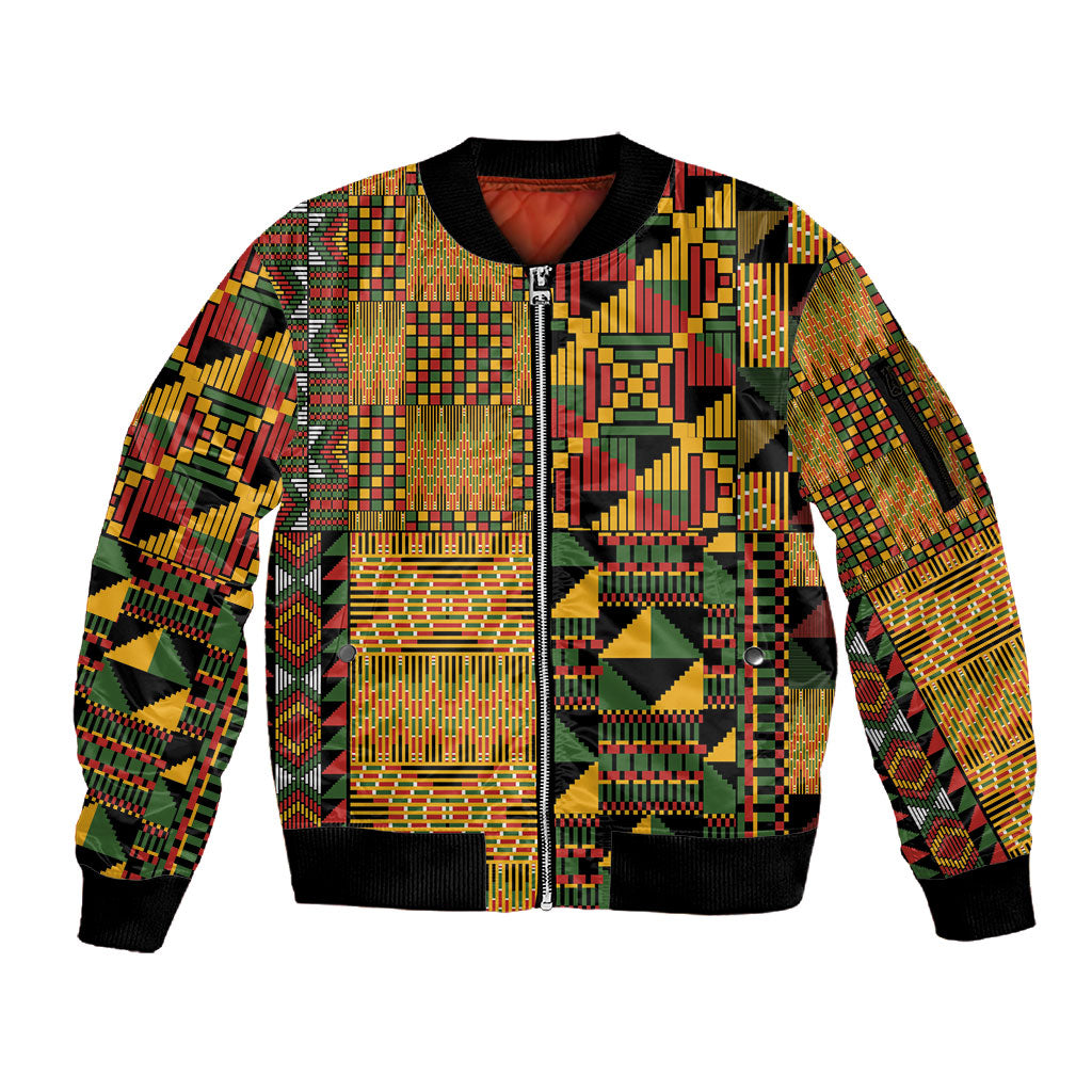 African American Quilt Kente Fusion Sleeve Zip Bomber Jacket Version 1