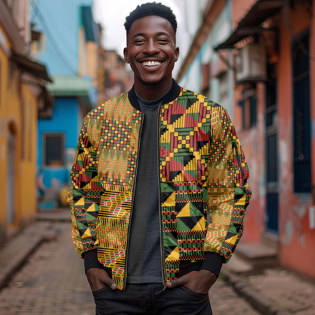 African American Quilt Kente Fusion Sleeve Zip Bomber Jacket Version 1