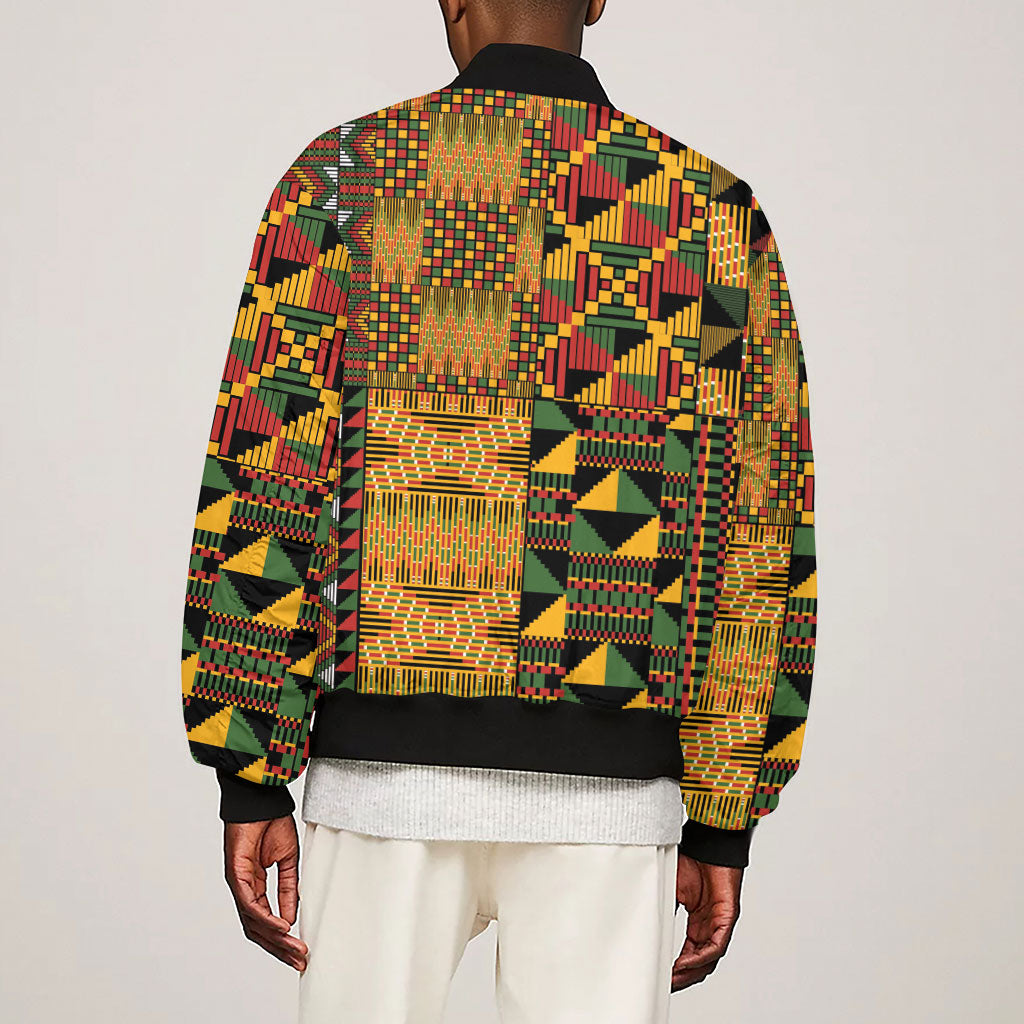 African American Quilt Kente Fusion Sleeve Zip Bomber Jacket Version 1