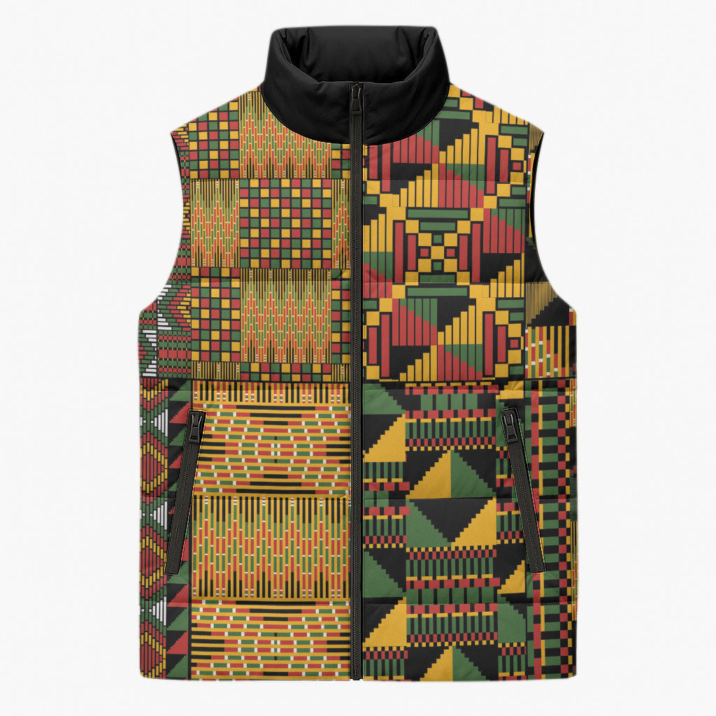 African American Quilt Kente Fusion Sleeveless Puffer Jacket Version 1