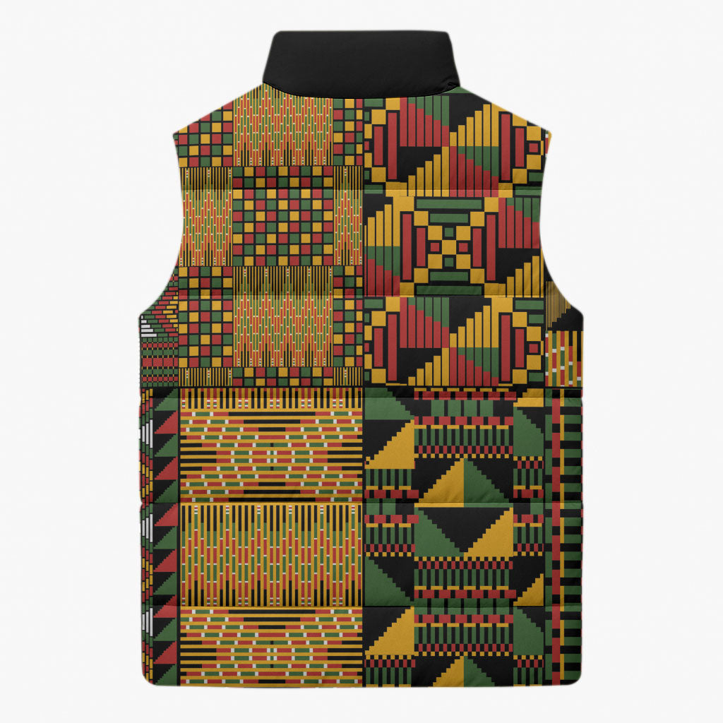 African American Quilt Kente Fusion Sleeveless Puffer Jacket Version 1