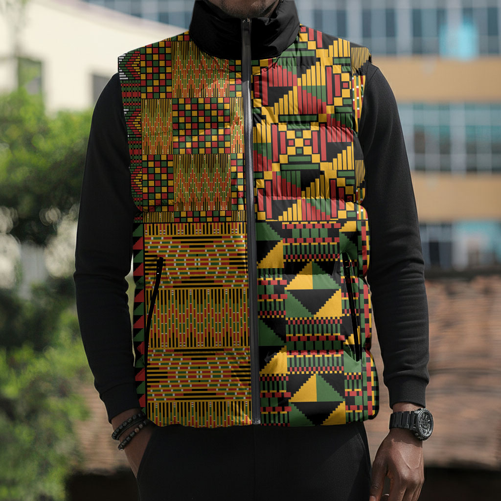 African American Quilt Kente Fusion Sleeveless Puffer Jacket Version 1