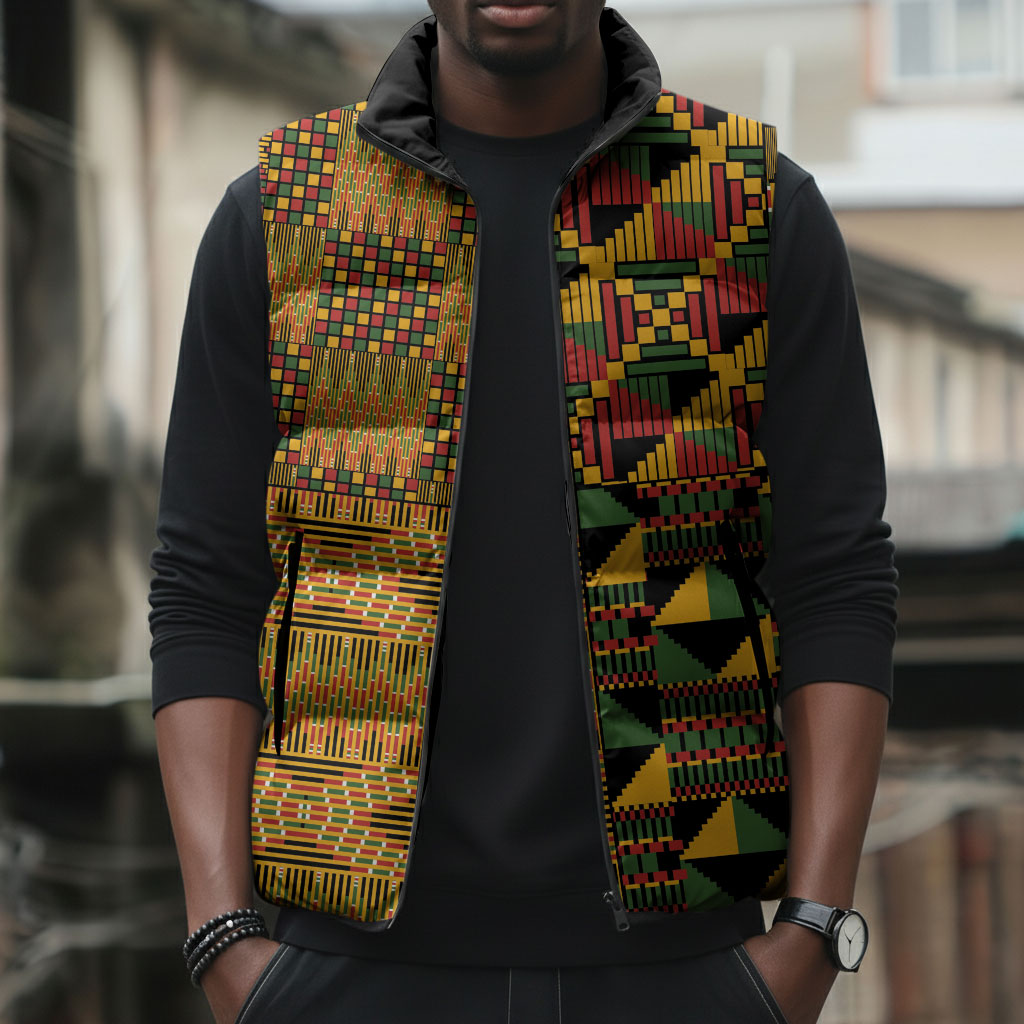 African American Quilt Kente Fusion Sleeveless Puffer Jacket Version 1