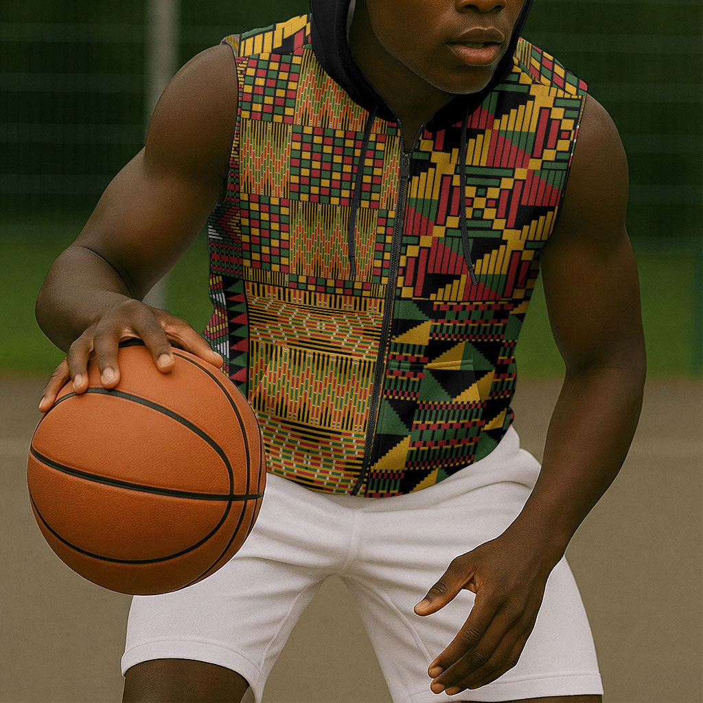 African American Quilt Kente Fusion Sleeveless Zip Hoodie Version 1