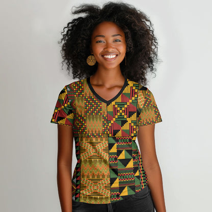 African American Quilt Kente Fusion Women V-Neck T-Shirt Version 1