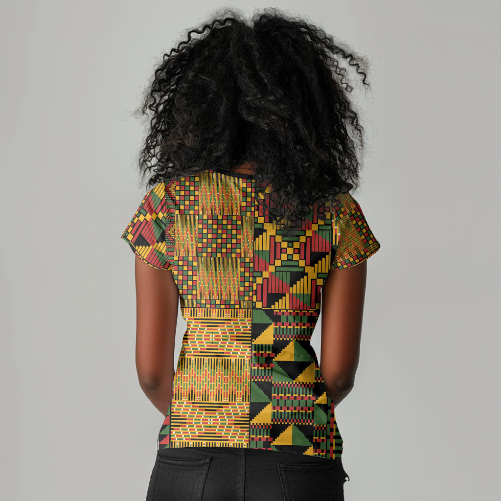 African American Quilt Kente Fusion Women V-Neck T-Shirt Version 1