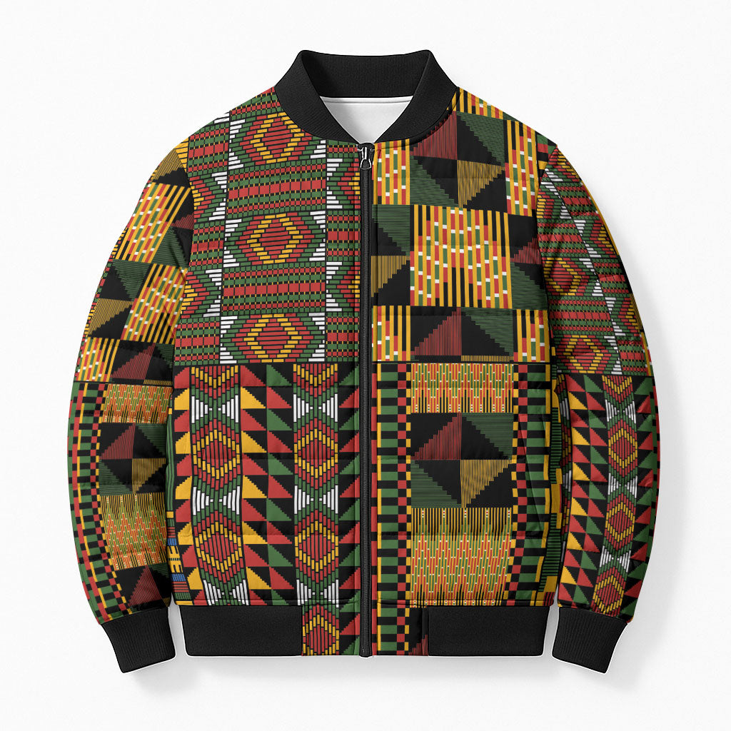 African American Quilt Kente Fusion Bomber Puffer Jacket Version 2