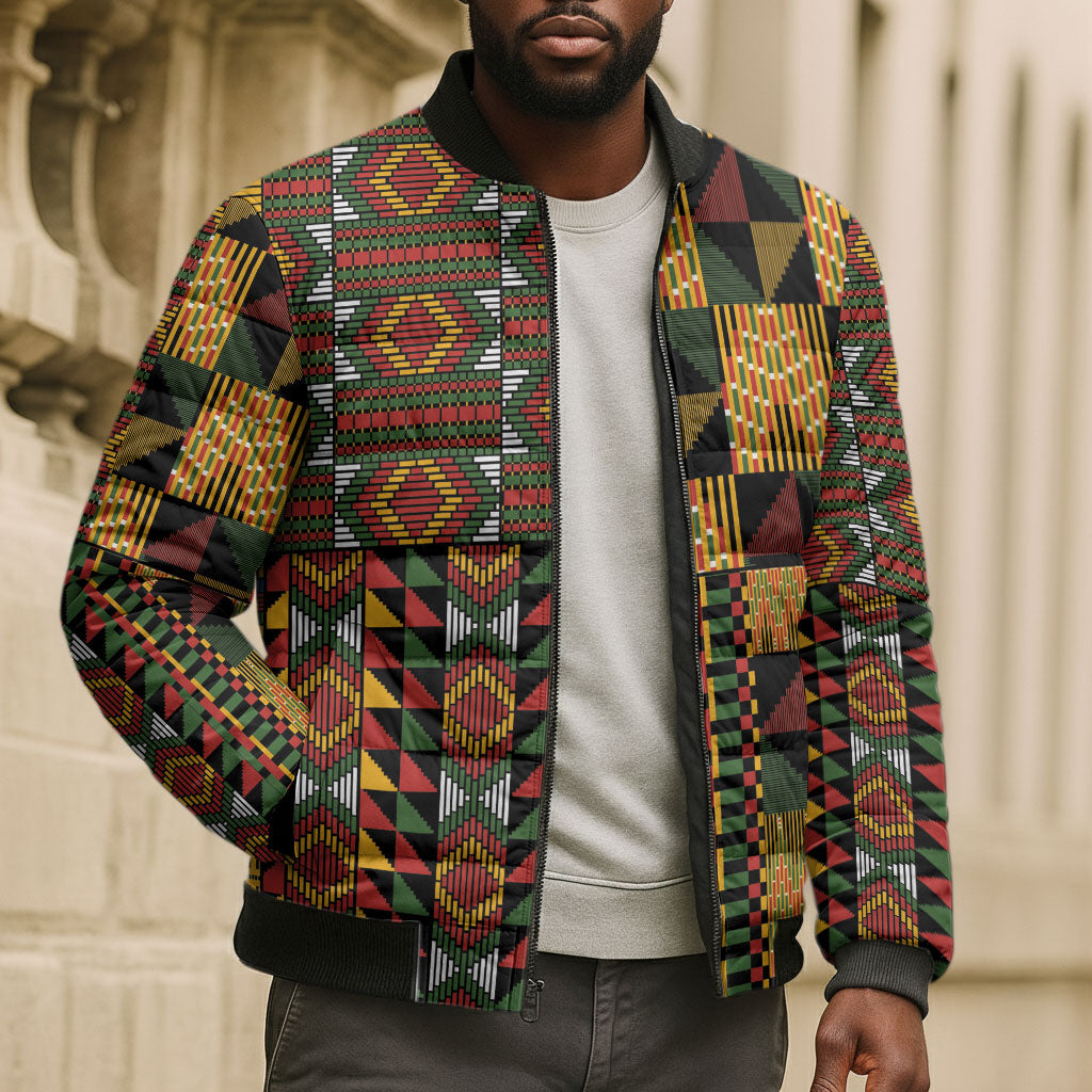 African American Quilt Kente Fusion Bomber Puffer Jacket Version 2