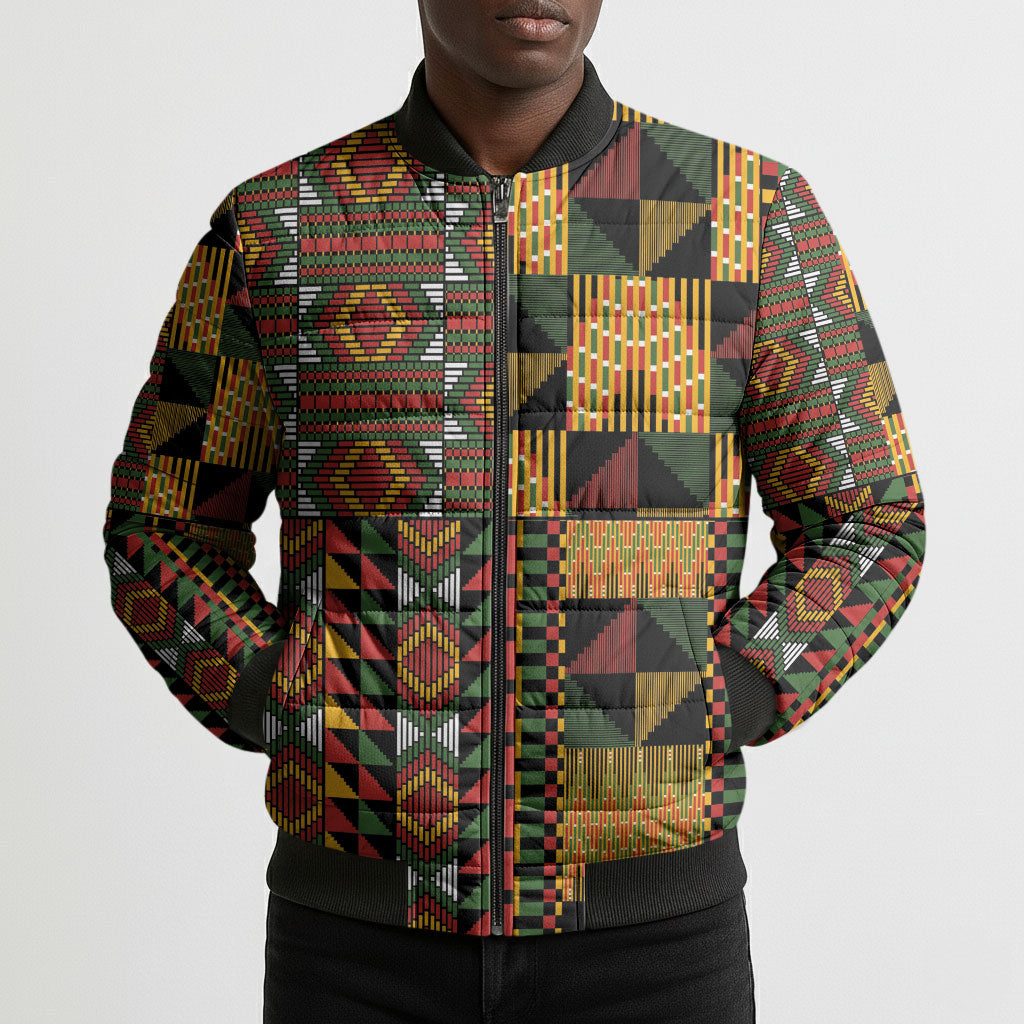 African American Quilt Kente Fusion Bomber Puffer Jacket Version 2