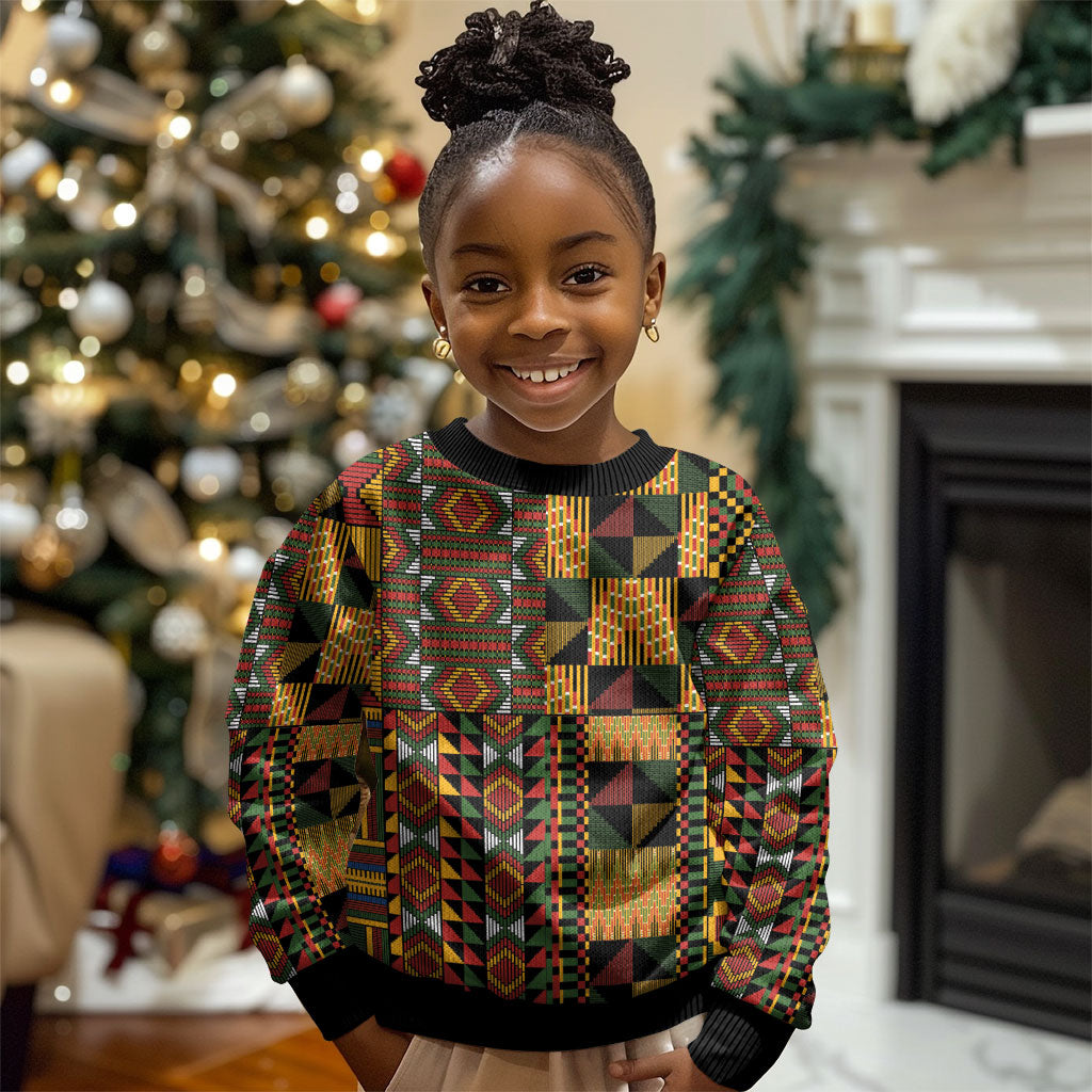African American Quilt Kente Fusion Kid Ugly Christmas Sweater Version 2