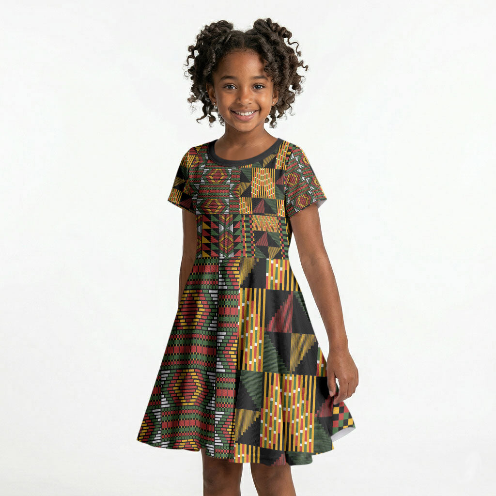 African American Quilt Kente Fusion Kid Short Sleeve Dress Version 2