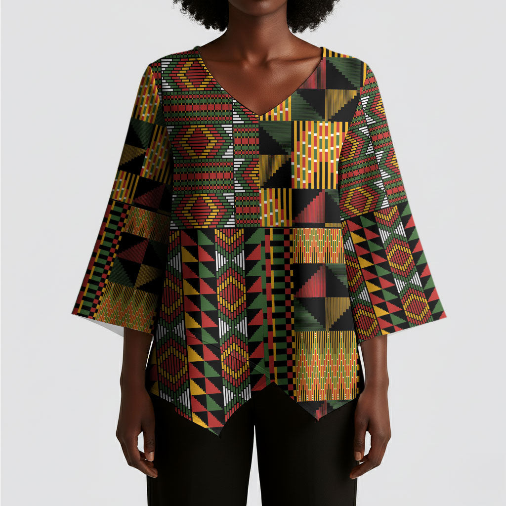 African American Quilt Kente Fusion Kimono Sleeve Blouse Version 2
