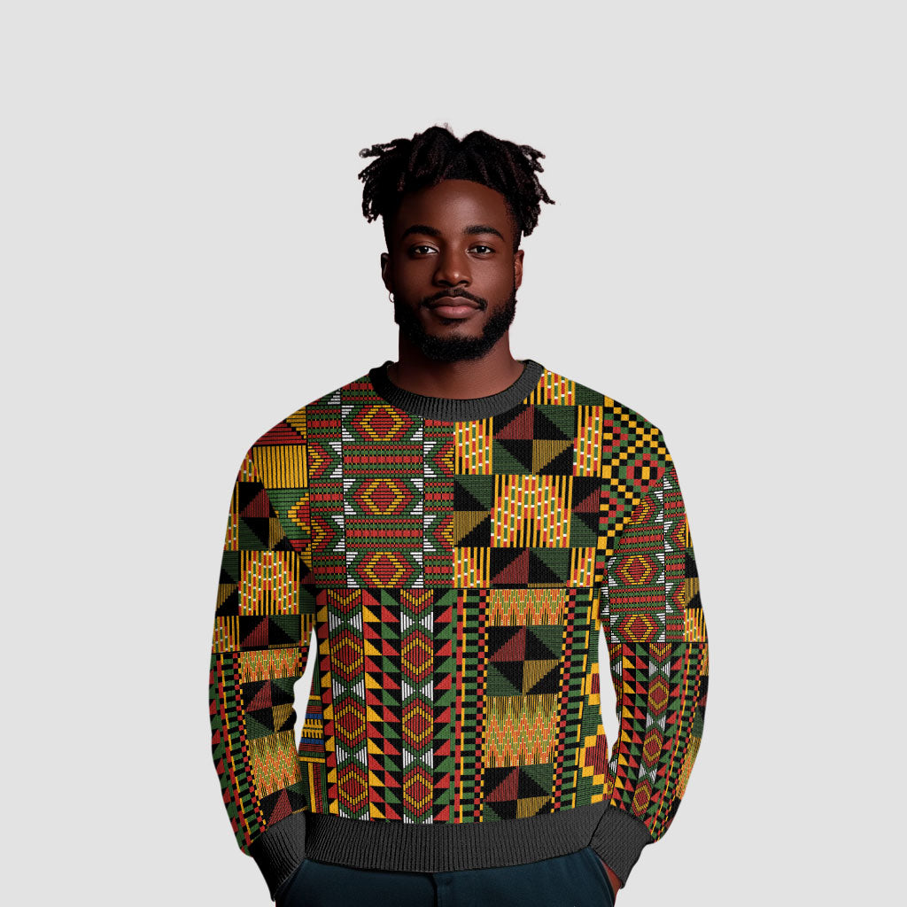 African American Quilt Kente Fusion Ugly Christmas Sweater Version 2