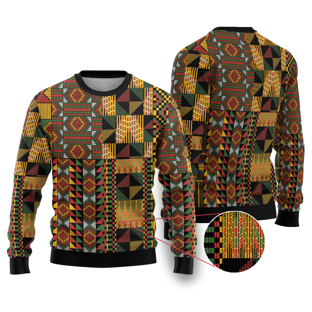 African American Quilt Kente Fusion Ugly Christmas Sweater Version 2