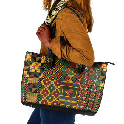 African American Quilt Kente Fusion Leather Tote Bag Version 2