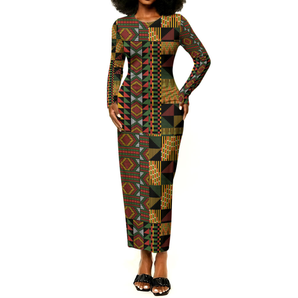 African American Quilt Kente Fusion Long Sleeve Bodycon Dress Version 2