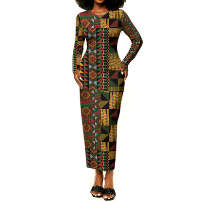African American Quilt Kente Fusion Long Sleeve Bodycon Dress Version 2