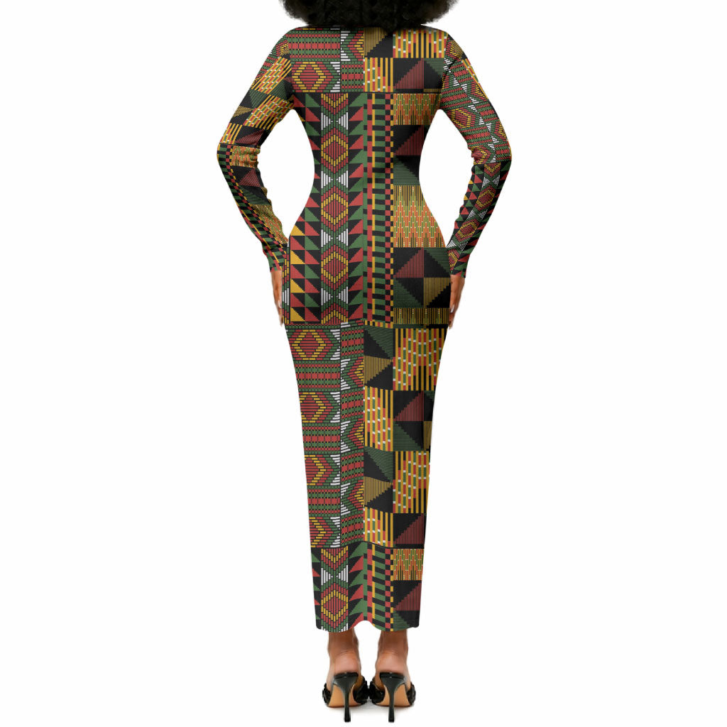 African American Quilt Kente Fusion Long Sleeve Bodycon Dress Version 2