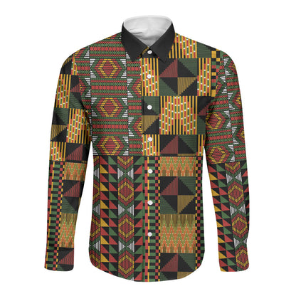 African American Quilt Kente Fusion Long Sleeve Button Shirt Version 2