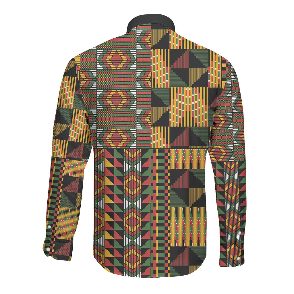African American Quilt Kente Fusion Long Sleeve Button Shirt Version 2