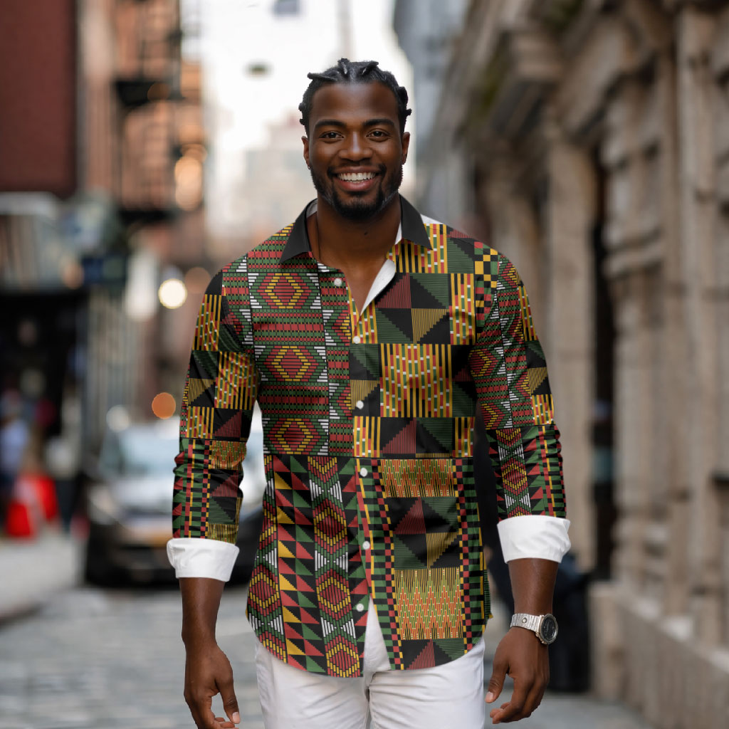 African American Quilt Kente Fusion Long Sleeve Button Shirt Version 2