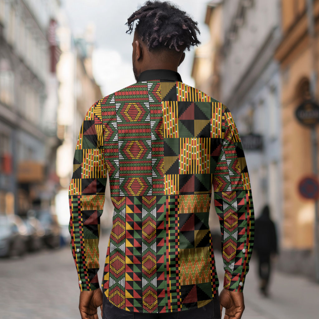 African American Quilt Kente Fusion Long Sleeve Button Shirt Version 2