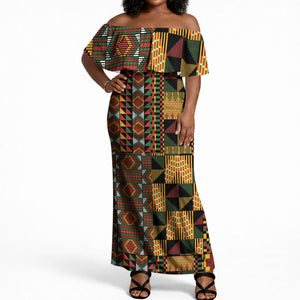 African American Quilt Kente Fusion Off Shoulder Maxi Dress Version 2