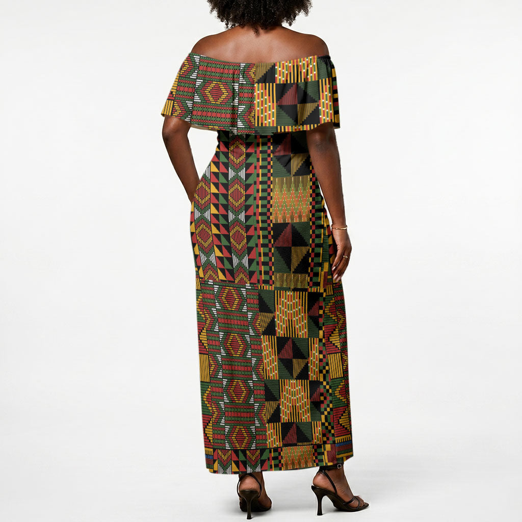 African American Quilt Kente Fusion Off Shoulder Maxi Dress Version 2