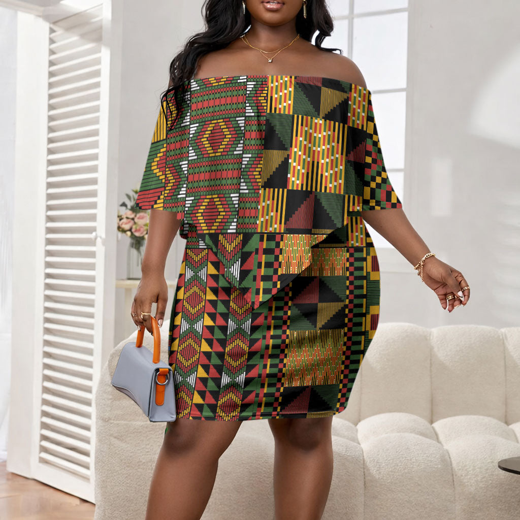 African American Quilt Kente Fusion Off Shoulder Short Dress Version 2