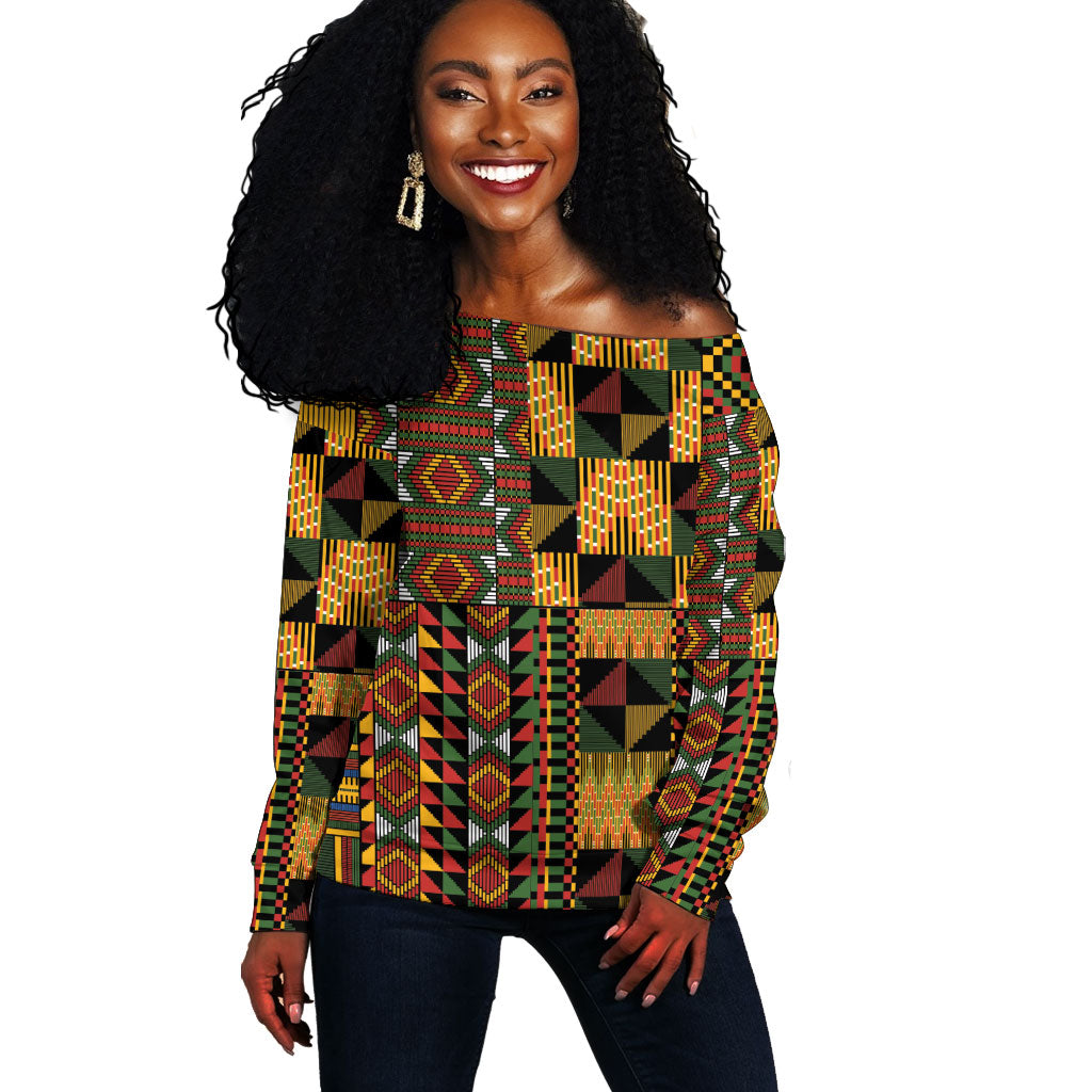 African American Quilt Kente Fusion Off Shoulder Sweater Version 2