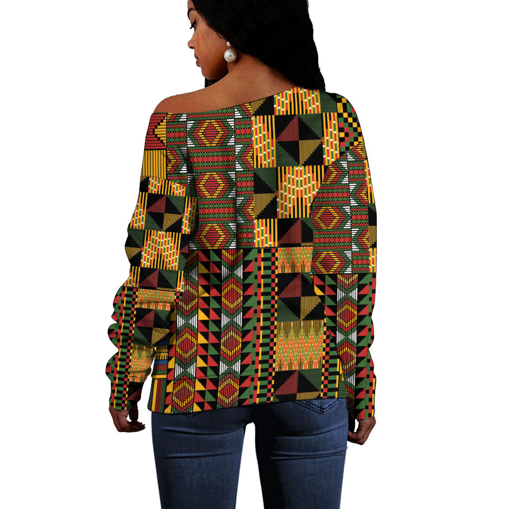 African American Quilt Kente Fusion Off Shoulder Sweater Version 2