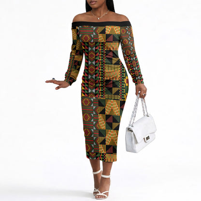 African American Quilt Kente Fusion Off The Shoulder Long Sleeve Dress Version 2