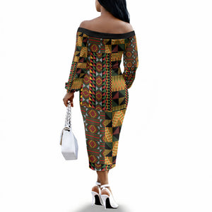 African American Quilt Kente Fusion Off The Shoulder Long Sleeve Dress Version 2