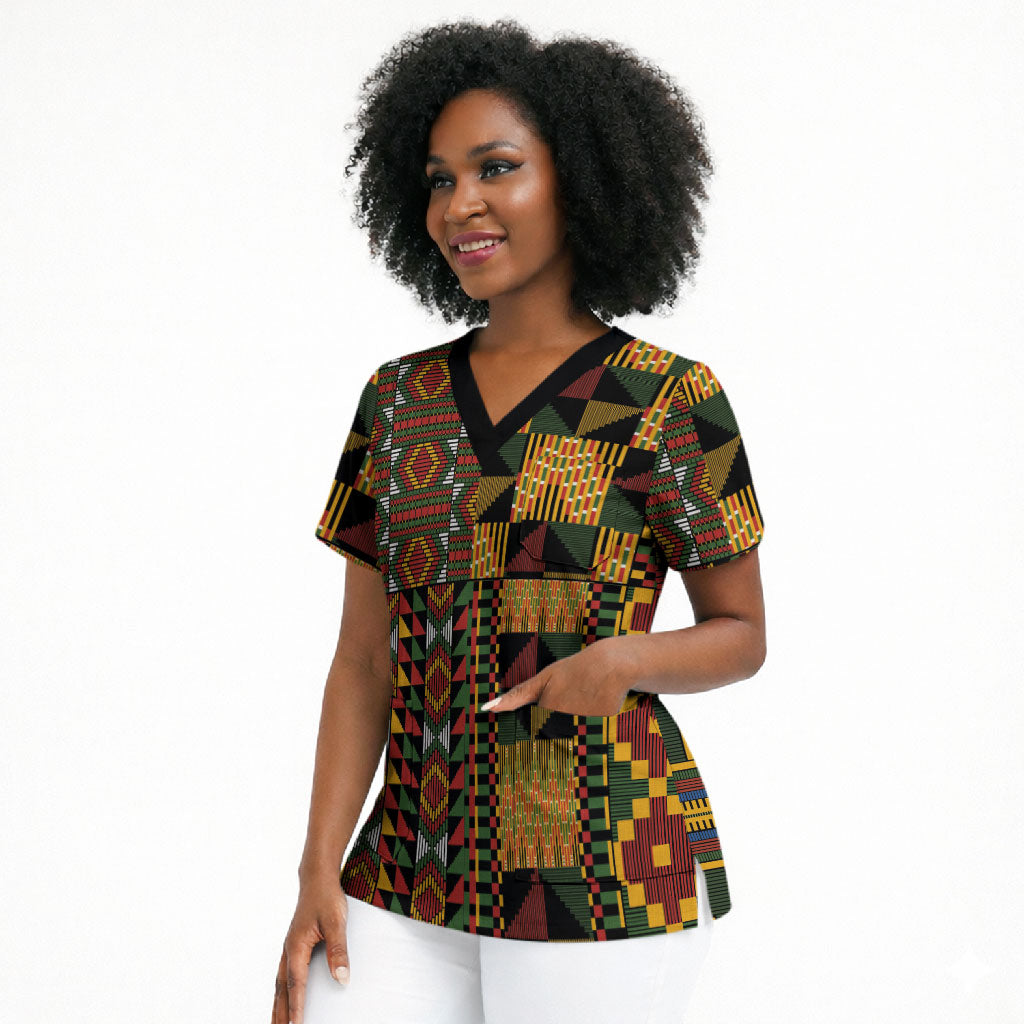 African American Quilt Kente Fusion Scrub Top Version 2